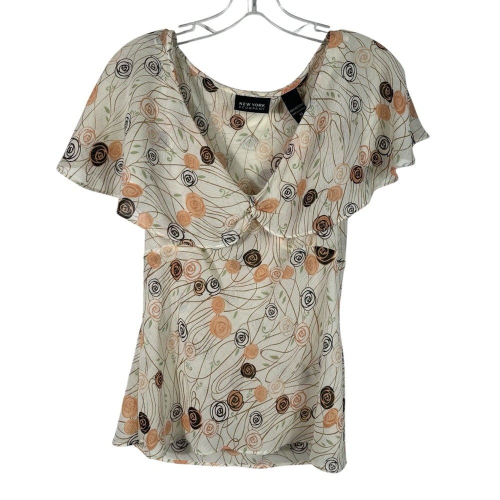 Vintage Y2K Cream Floral Feminine Crepe Chiffon Babydoll Cut Blouse Medium M 90s